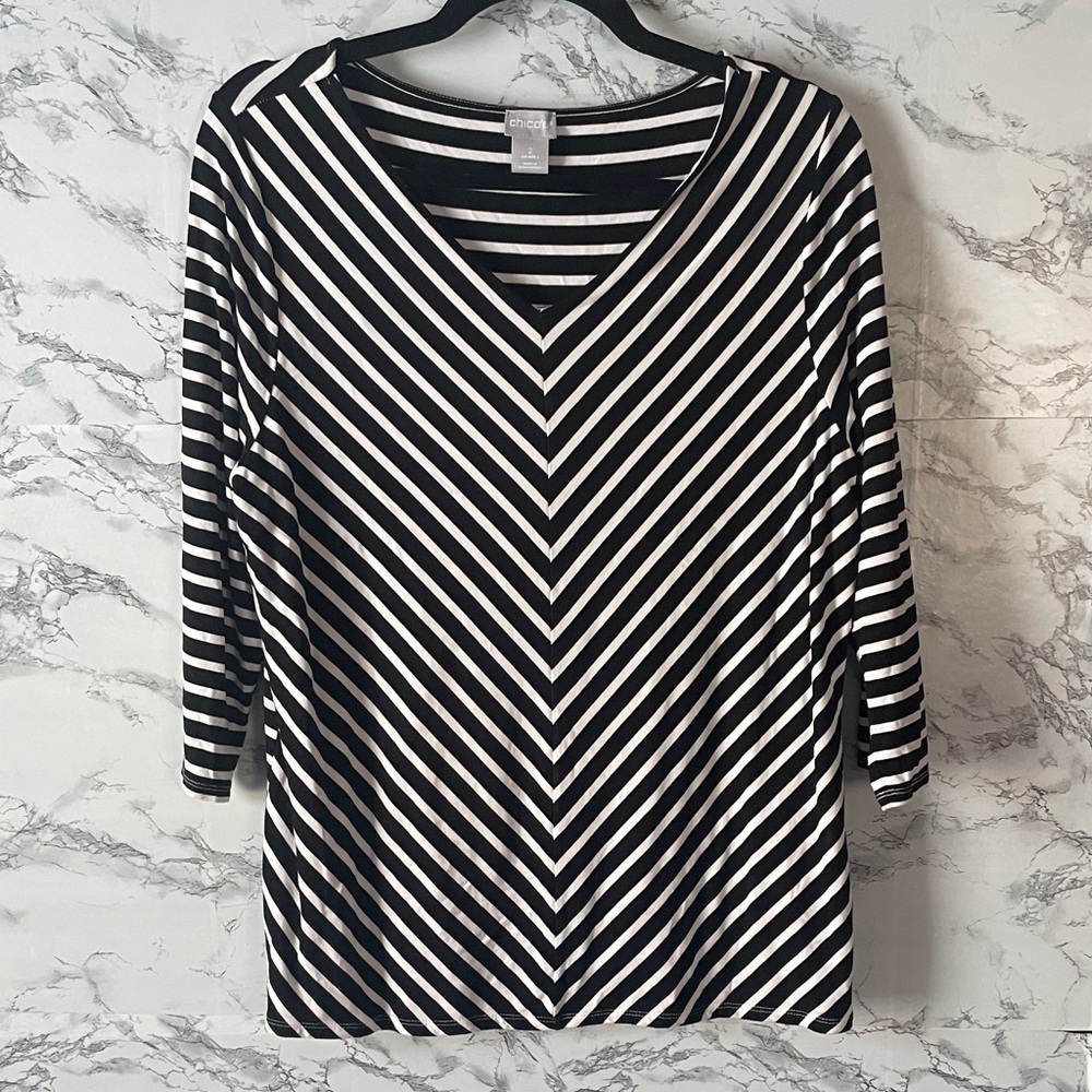 Chico's 2 Black/White Striped Knit Top
